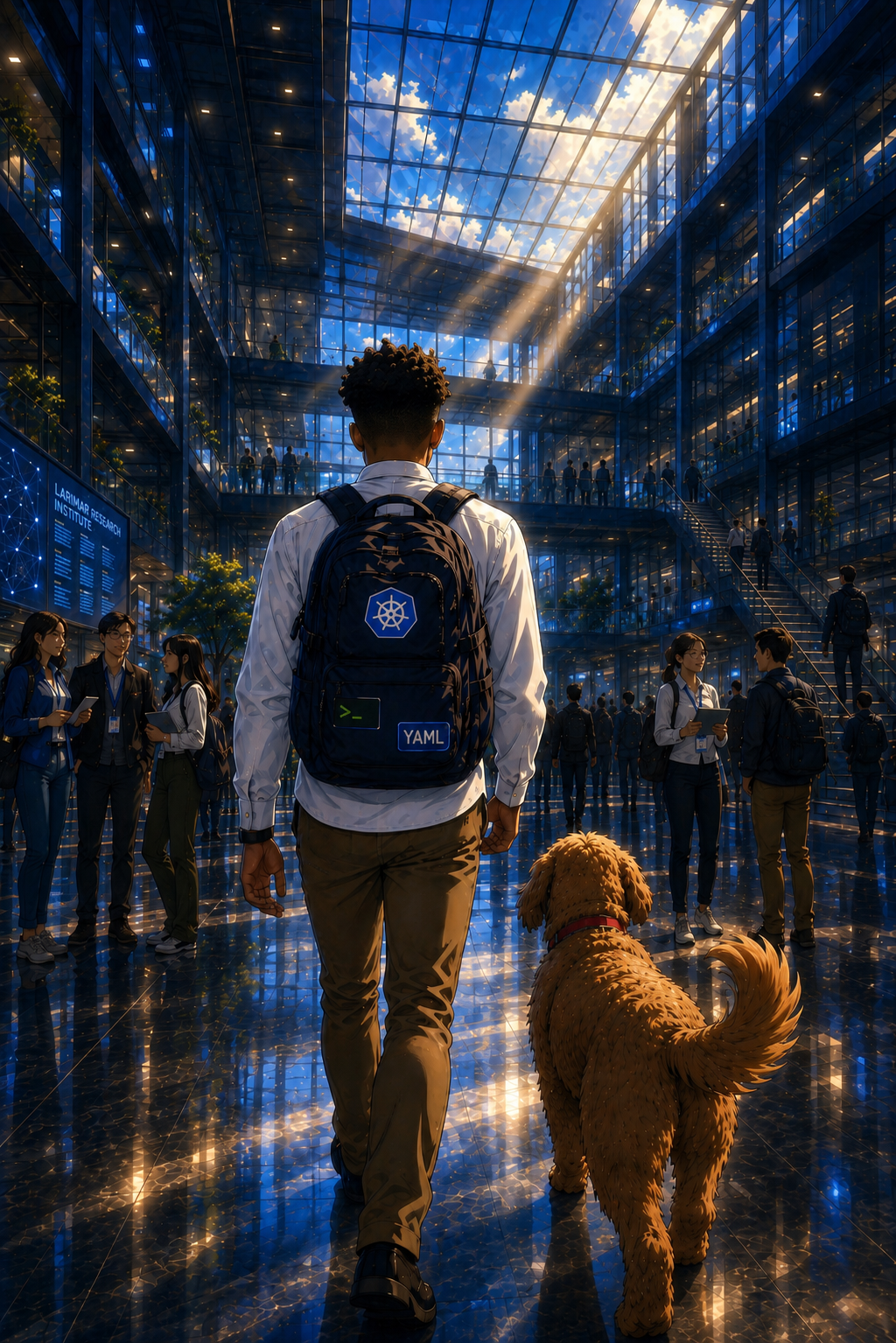 Renzo and Ping enter Larimar Research Institute's glass-walled lobby.