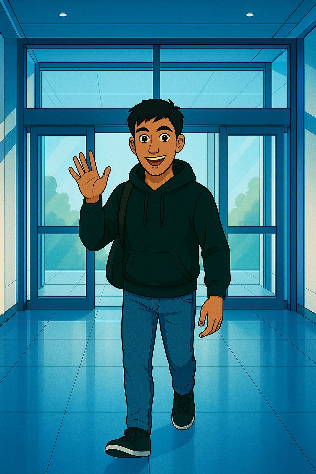 Dev entering the lobby for the first time excited to see other interns