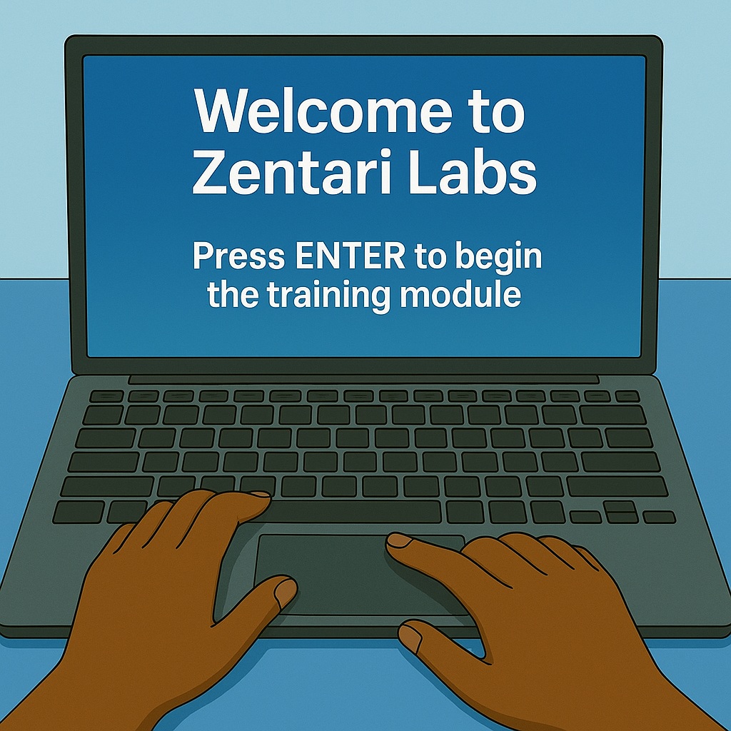 Renzo entering his first training module on his laptop